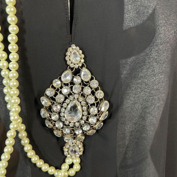 Sheer Unlined Dress with Rhinestone Brooches and Pearls Black Size 46 - Picture 6 of 12